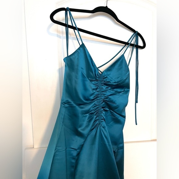 Jason Wu Teal Turquoise Satin Tie Strap low black slip midi dress ruched XS - Picture 9 of 14